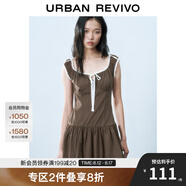 UR2025春季新款女裝撞色蕾絲飄帶U領(lǐng)無(wú)袖修身連衣裙UYY750014 深棕色 (偏短) M