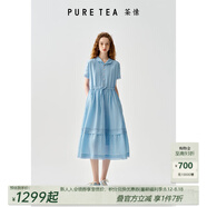 茶·愫【度假出游】puretea茶愫翻領(lǐng)苧麻織帶收腰連衣裙蛋糕裙25夏新款 淺藍(lán) L