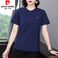 皮爾卡丹（pierre cardin）短t袖恤女夏季中老年上衣新款夏裝女裝女士純.棉中年媽媽白色體恤 寶藍(lán)色 S 建議80-90斤