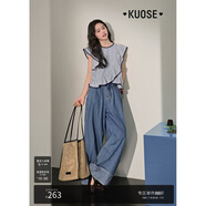 闊色（kuose）藍(lán)色復(fù)古直筒闊腿褲牛仔褲女春夏季新款蕾絲寬松顯瘦褲子 牛仔藍(lán)5004 M