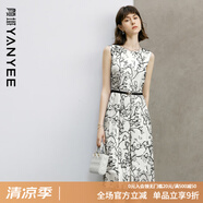 顏域水墨印花連衣裙女2024新款夏裝復(fù)古優(yōu)雅背心裙中長(zhǎng)款圓領(lǐng)裙子 黑白花 XL/42