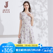 經(jīng)典故事（JANE STORY）法式茶歇連衣裙女2024夏季新款泡泡袖收腰溫柔長裙氣質(zhì)碎花雪紡裙 白底紫花 S