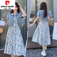 皮爾卡丹（pierre cardin）歐洲站小香風短袖牛仔外套+中長款雪紡碎花吊帶連衣裙套裝女夏潮 牛仔衣+白碎花裙 M 【80-100斤】