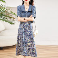 羅蒙吊帶碎花連衣裙女2025年夏季新款牛仔短外套時(shí)尚套裝兩件套裝女 碎花吊帶雪紡裙 S 95斤以下