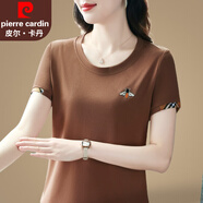 皮爾卡丹品牌冰絲短袖t恤女夏季2025新款中年女士半袖圓領(lǐng)大碼寬松體恤衫 咖啡色 【冰絲面料】 L 【建議重98-110斤】