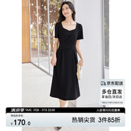 尚都比拉輕職場(chǎng)藍(lán)色連衣裙女夏季收腰中長(zhǎng)裙泡泡袖裙子 黑色152L80063  M