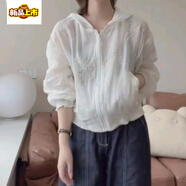 初徑設計感連帽刺繡苧麻防曬衣外套女裝2025夏季新款寬松洋氣短款開衫 米白色 【原版】 S 85-105斤