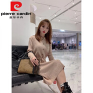 皮爾卡丹（pierre cardin）2025春秋減齡娃娃領(lǐng)收腰系帶中長(zhǎng)款女純色條紋寬松針織連衣裙潮 杏色今年流行的輕奢品牌 2XL