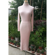 HUALIN FASHION歐美氣質(zhì)純色百褶中長款針織連衣裙毛衣裙春秋季女裝 裸色 XL