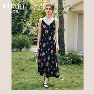 Olrain歐芮兒吊帶法式玫瑰印花連衣裙女收腰背心裙子 黑色 M