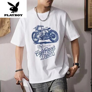 花花公子（PLAYBOY）250克純棉短袖t恤男美式復(fù)古字母體恤夏季款圓領(lǐng)寬松百搭男士上衣 白色 250克純棉1113 S 90-110斤