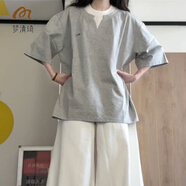 夢清琦雙領(lǐng)假兩件拼接短袖T恤女純欲撞色美式復古INS夏季基礎(chǔ)寬松上衣潮 灰色 XL 121-135斤