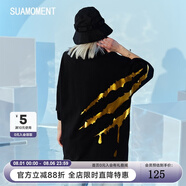 SuaMoment抓痕夏季情侶款短袖T恤側大爪印花寬松潮流牌體恤ins 黑金 M