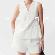 UNICA/南法度假_輕柔幾何鏤空繡花混紡無(wú)袖上衣清爽短褲 【鏤空白】短褲 M 【現貨48小時(shí)發(fā)】