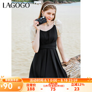 lagogo拉谷谷夏季新款黑色高腰拼接收腰氣質(zhì)連衣裙女法式設(shè)計感 黑米（WT） S 155/36