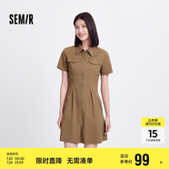 森馬連衣裙女收腰襯衫裙復(fù)古休閑夏季美拉德純色短裙101324114030