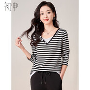 初申春秋長(cháng)袖T恤女設計感假兩件條紋撞色拼接打底衫上衣S13KT2124