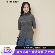 S.DEER夏季圣迪奧女裝個(gè)性半高領(lǐng)字母膠印不規(guī)則短袖T恤S21280111 德國(guó)灰/87 M 165