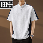 吉普（JEEP）美式復(fù)古短袖t恤男生夏季感拼接插肩袖立領(lǐng)中山polo衫半袖男  麻灰  M 約90-120斤可穿