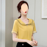 冠貿(mào)裴2025夏裝女裝雪紡短袖娃娃領(lǐng)韓版寬松上衣 黃色 M 88-100斤