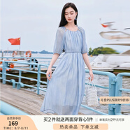 香影溫柔風(fēng)粉色連衣裙女2025夏季新款超好看五分袖海邊度假沙灘裙 藍(lán)色 M