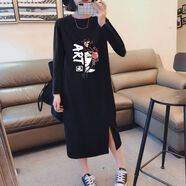 ROAR UTHAUG2025秋季新款長款開叉連衣裙印花修身顯瘦韓版百搭胖妹妹過膝T恤 2601黑色ART古風(fēng) M