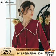 Olrain歐芮兒大翻領(lǐng)毛衣女春裝新款復(fù)古泡泡袖上衣 紅色 XL