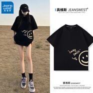 真維斯（Jeanswest）黑色短袖女士夏季純棉t恤衫新款美式復古寬松半袖上衣 黑色側邊幸運笑臉 S