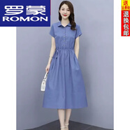 羅蒙（ROMON）短袖純棉連衣裙女收腰顯瘦25夏季新款韓版氣質(zhì)百搭休閑裙子女 藍(lán)色 L (100-115斤)