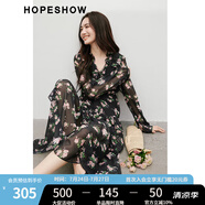 紅袖復(fù)古玫瑰碎花連衣裙春季2025新款女裝收腰顯瘦系帶長袖雪紡長裙 黑底花658 S