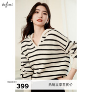伊芙麗（eifini）伊芙麗100%綿羊毛條紋設(shè)計(jì)帶帽基礎(chǔ)針織衫毛衣女2024冬季新款毛衫 米色 160/85CM/M 105-115斤