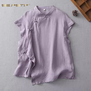 夏典素訂女王（SE.PSTP）復古印花薄款苧麻燈籠褲夏大碼女裝寬松高腰系帶顯瘦九分哈倫褲子 紫色上衣今年流行的輕奢母親女神 M 【95-115斤】