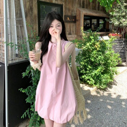 以純 YISHION多巴胺穿搭粉色無袖連衣裙夏季甜美可愛小個子純色短裙 粉色 S