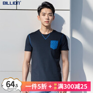 BILLION重磅純棉短袖T恤衫男青年學(xué)生圓領(lǐng)彈力修身小個(gè)子潮流印花長(zhǎng)絨棉 藏青B款 L （100-110斤）
