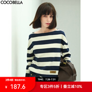 COCOBELLA藍(lán)白條紋一字領(lǐng)長袖T恤女秋時尚船領(lǐng)針織上衣TS625 條紋 S