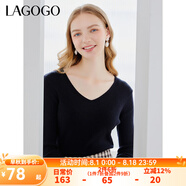 lagogo黑白雙色修身針織衫女拉谷谷春秋季新款V領(lǐng)百搭長袖打底衫 黑色(W1) M 160/38