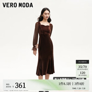 VEROMODA連衣裙2024秋季女裝新款天鵝絨拼接網(wǎng)紗魚尾長(zhǎng)裙鉆石領(lǐng)東方簡(jiǎn)奢風(fēng) 紗袖絲絨裙-苛熱棕色 2XL