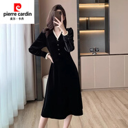 皮爾卡丹（pierre cardin）2025秋冬韓版名媛氣質(zhì)絲絨V領(lǐng)長袖連衣裙黑色小禮服女打底裙長裙 黑色 S