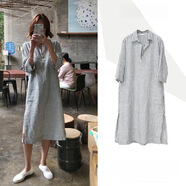 QLTQZQ復古條紋棉麻襯衫連衣裙韓國寬松大碼POLO領(lǐng)中長(cháng)裙七分袖慵懶風(fēng)女 圖片色 L (建議100-110斤)