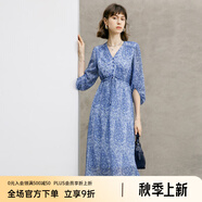 顏域藍色氣質(zhì)連衣裙女裝2024新款春季收腰顯瘦七分袖V領(lǐng)碎花裙子 藍花 L/40