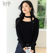初申春秋針織衫女時(shí)尚系帶優(yōu)雅氣質(zhì)修身短款毛衣打底衫S53Z032 黑色 S