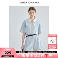 VEGA CHANG工裝連體短褲女夏2025新款小個(gè)子顯瘦高級(jí)感連身衣褲 藍(lán)色 S