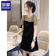 羅蒙（ROMON）假兩件吊帶短袖連衣裙女拼接顯瘦減齡2025年夏季新款小個(gè)子裙子女 黑色 2XL