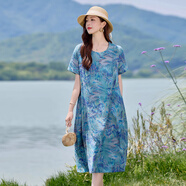 皮爾卡丹（pierrecardin）復(fù)古印花短袖棉麻連衣裙女2025夏季寬松遮肚顯瘦媽媽減齡休閑裙子 湖蘭色 3XL (建議135-150斤高品質(zhì))