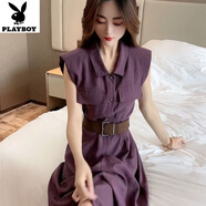 花花公子;PLAYBOY氣質(zhì)感翻領(lǐng)無袖連衣裙女2025夏季新款收腰顯瘦背心裙長裙 紫色連衣裙【送腰帶】 2XL 建議125-138斤