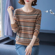 雅蘭褀春秋條紋毛衣女2025新款寬松韓版顯瘦上衣長(cháng)袖百搭打底針織衫女裝 卡其 XL