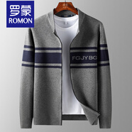 羅蒙（ROMON）拼色橫條針織衫男士秋冬新款毛衣棒球領(lǐng)字母拉鏈開(kāi)衫提花男裝外套 灰色 M 170/88A