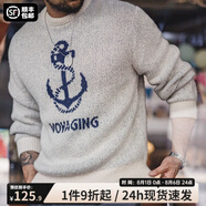 馬登工裝 美式復(fù)古針織船錨提花毛衣vintage套頭圓領(lǐng)打底衫男春季 灰藍色 2XL