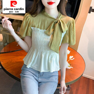 皮爾卡丹時(shí)尚收腰假兩件雪紡衫女早夏季2025年新款洋氣短袖設計感小眾上衣 綠色【新款/福利】 S 【80-95斤】