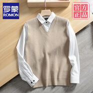 羅蒙（ROMON）假兩件針織衫男春秋潮流痞帥條紋襯衫領(lǐng)套頭毛衣日系時(shí)尚休閑衛(wèi)衣 卡其色 XL